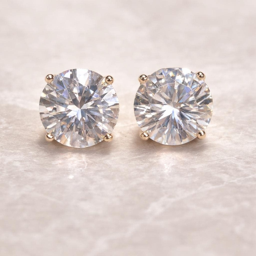 Classic Lab Round Cut Stud Earrings Gold Metal Solitaire Prong Pair Brand New...